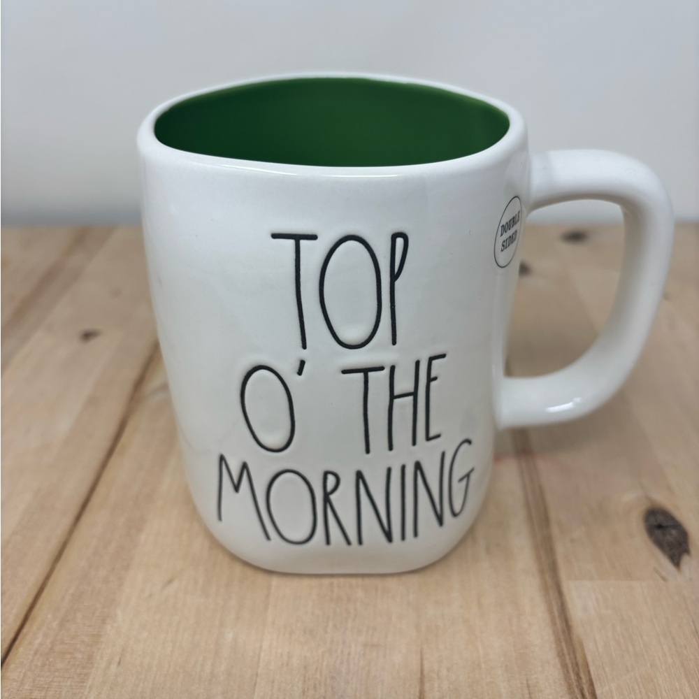 Rae Dunn TOP O THE MORNING Mug Double Sided White Ceramic with Green Interior